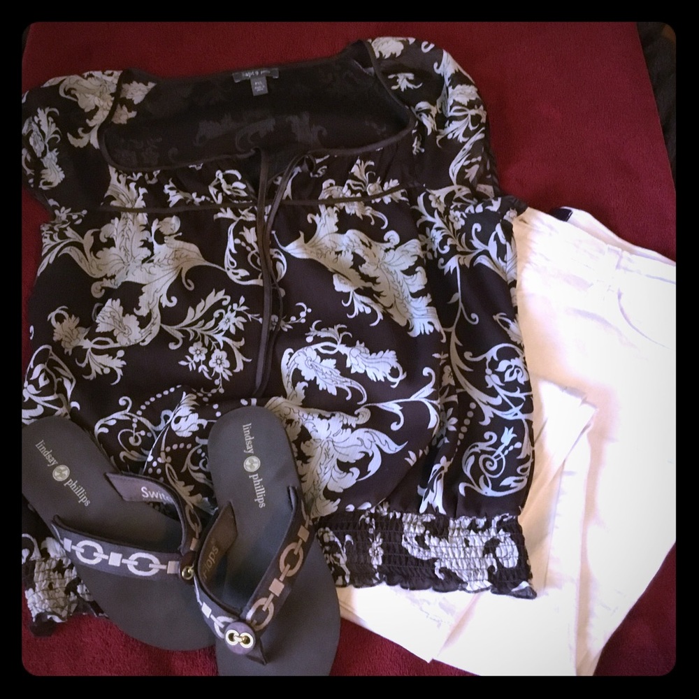 Brown and white floral blouse